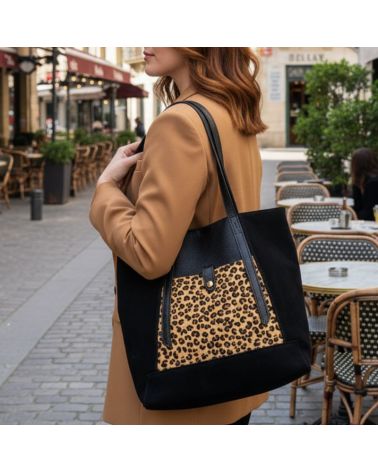 cabas en daim couleur noir empiècement imprimé léopard made in italy