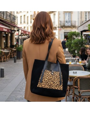 cabas en daim couleur noir empiècement imprimé léopard made in italy