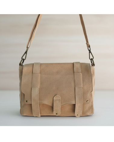 sac bandoulière cuir nubuck forme messenger couleur beige fabrication italienne