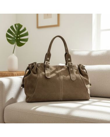 Sac à main en daim taupe Vic XL, style bohème chic intemporel