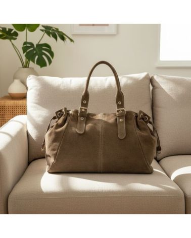 Sac à main en daim taupe Vic XL, style bohème chic intemporel