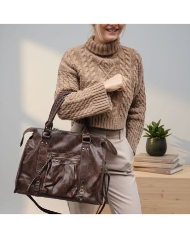 sac à main grand format cuir brossé couleur chocolat porté main ou bandoulière