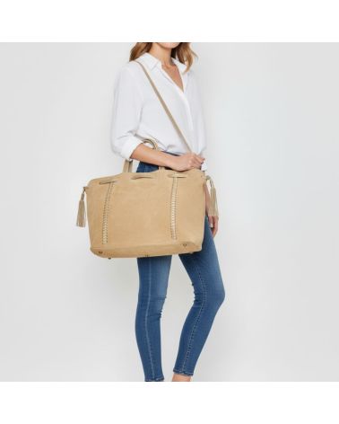 sac cabas daim et détail cuir doré taupe clair finition pompon cuir doré
