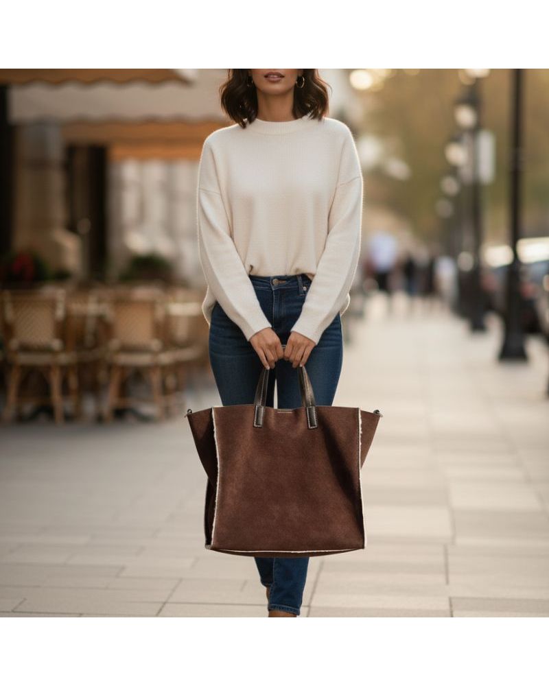 sac cabas femme en cuir suédé café et pochette polaire amovible