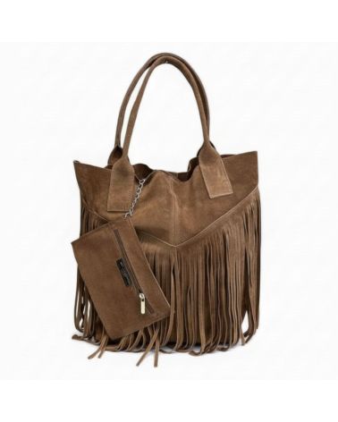 sac cabas en daim à franges style bohème chic couleur taupe