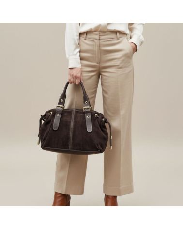 sac à main daim et cuir couleur chocolat forme bowling style intemporel