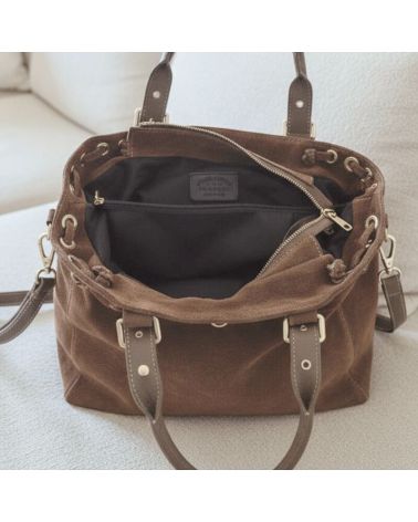 sac à main pour femme en daim et cuir forme bowling couleur mode taupe