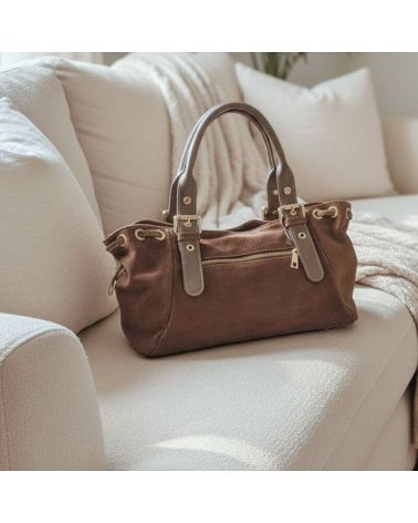 sac à main pour femme en daim et cuir forme bowling couleur mode taupe