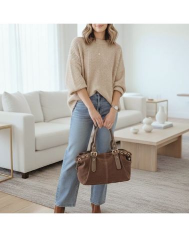 sac à main pour femme en daim et cuir forme bowling couleur mode taupe