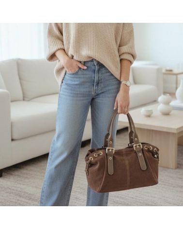 sac à main pour femme en daim et cuir forme bowling couleur mode taupe