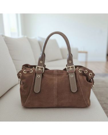 sac à main pour femme en daim et cuir forme bowling couleur mode taupe
