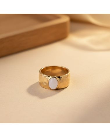 bague plaqué or 18 carats pour femme anneau martelé et pierre de lune véritable