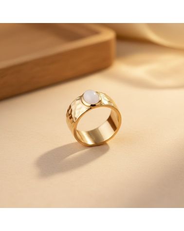bague plaqué or 18 carats pour femme anneau martelé et pierre de lune véritable