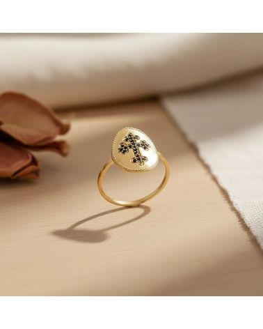 bague pour femme plaqué or 18 kt motif croix orné de zirconium noir