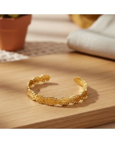bracelet jonc pour femme en plaqué or 18 kt motif feuilles palmier