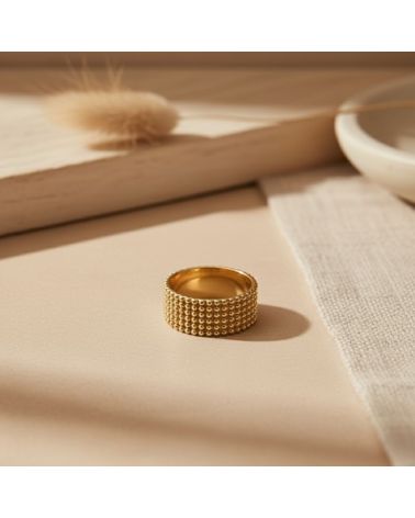 bague anneau large pour femme en plaqué or 18 carats en maille perlée