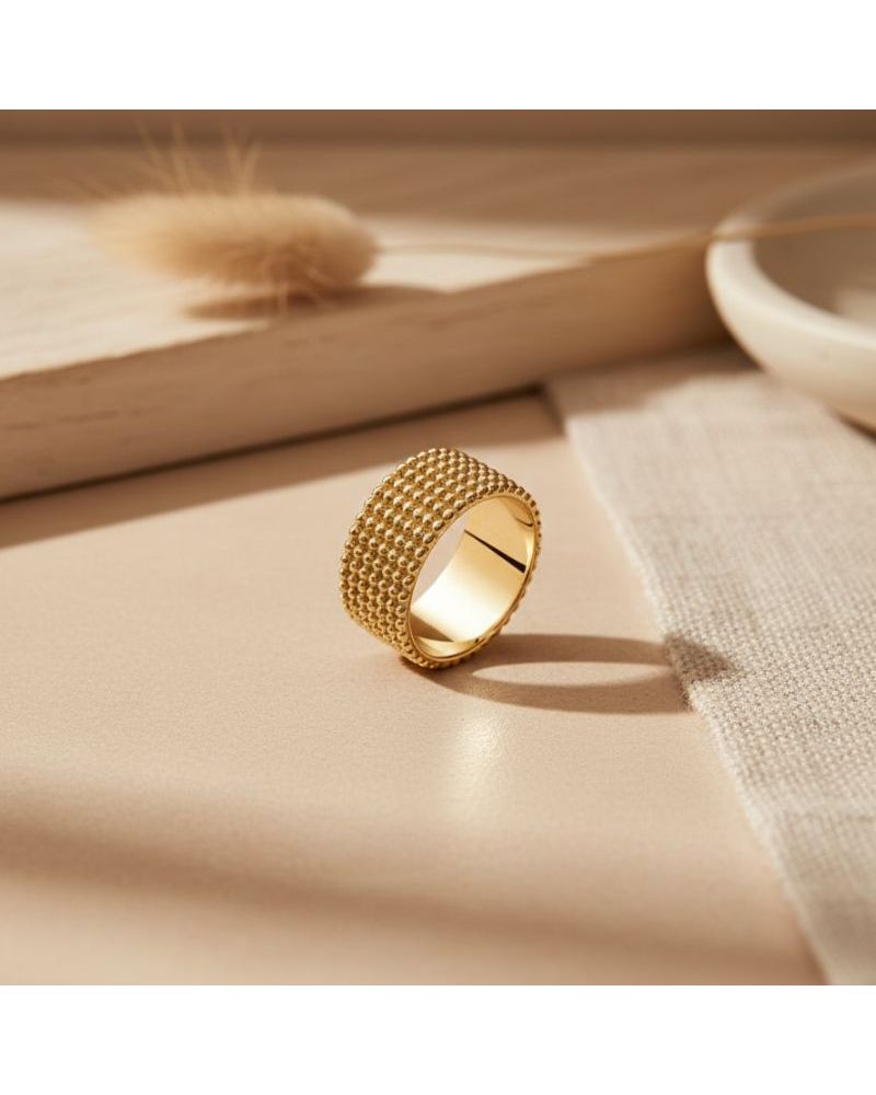 bague anneau large pour femme en plaqué or 18 carats en maille perlée