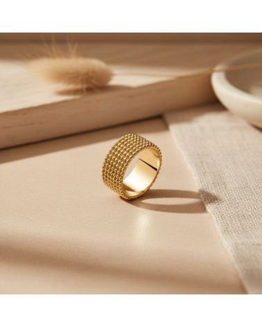 bague anneau large pour femme en plaqué or 18 carats en maille perlée