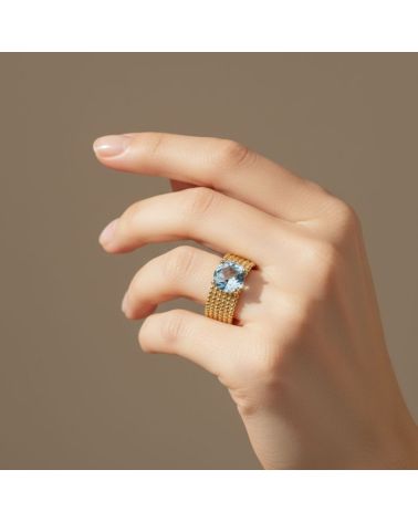 bague large pour femme en plaqué or avec maille perlée et pierre facettée teintée couleur aigue marine