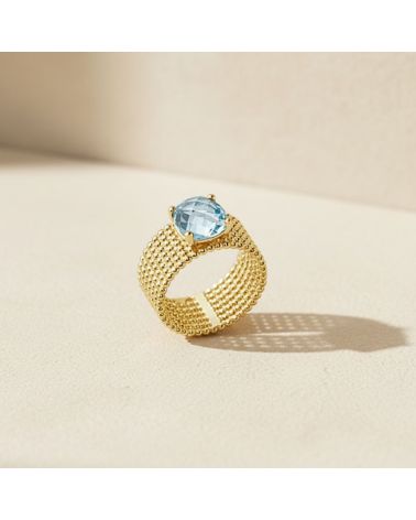 bague large pour femme en plaqué or avec maille perlée et pierre facettée teintée couleur aigue marine