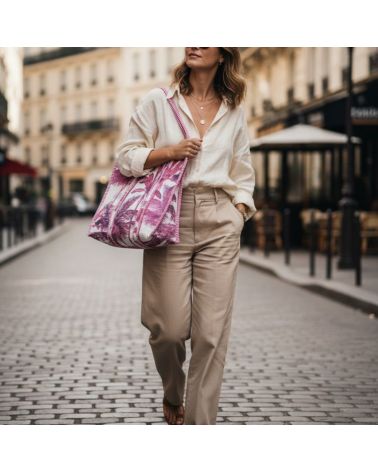 cabas coton imprimé palmier rose sur fond écru pour virée en ville, plage ou marché