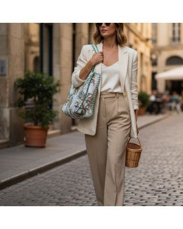 cabas en coton épais imprimé palmiers vert et écru parfait en ville comme à la plage