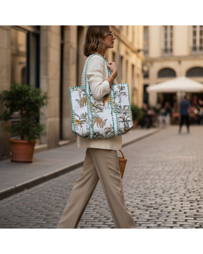 cabas en coton épais imprimé palmiers vert et écru parfait en ville comme à la plage