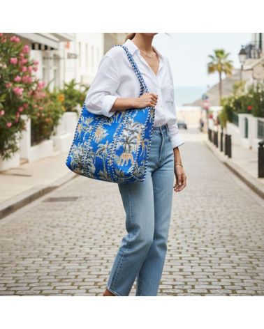cabas coton matelassé couleur bleu avec palmiers imprimé safari jungle tropical pour ville, marché ou plage