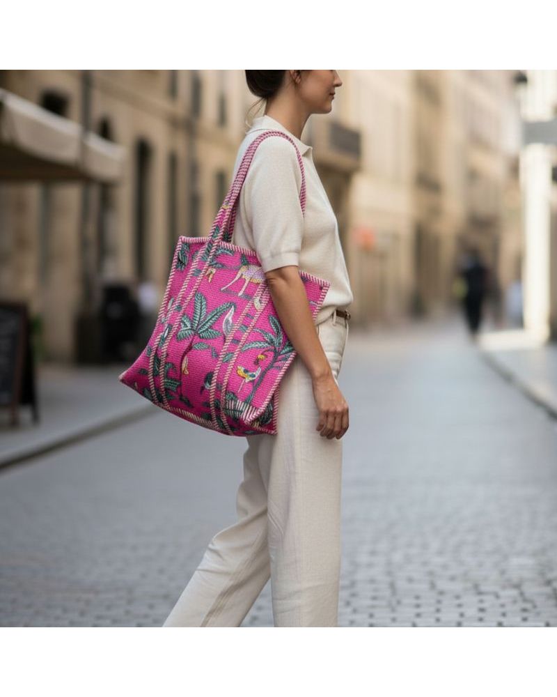 cabas en coton épais imprimé jungle couleur rose vif style casual chic
