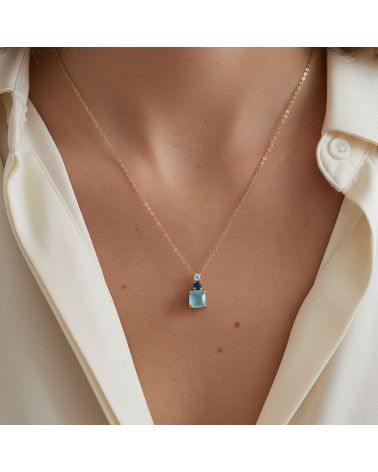collier plaqué or 18 carats avec pierres semi précieuses aigue marine et zirconium bleu