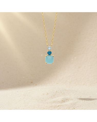 collier plaqué or 18 carats avec pierres semi précieuses aigue marine et zirconium bleu