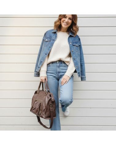 sac à main grand format cuir brossé couleur chocolat porté main ou bandoulière