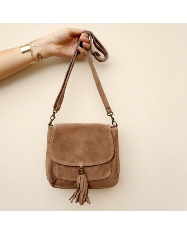 Petit sac besace daim taupe à bandoulière