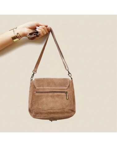 Petit sac besace daim taupe à bandoulière