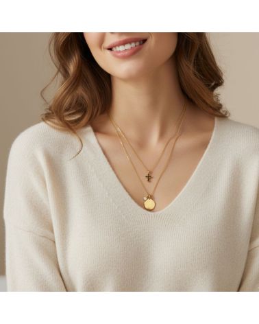 collier en plaqué or 18 carats pour femme double rang avec croix orné de zirconium noir et pendentif rond