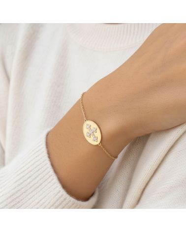 bracelet chaine plaqué or avec médaillon or brossé et croix en oxyde de zirconium blanc