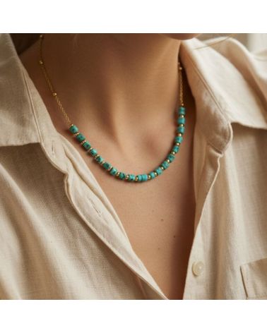 collier en plaqué or 18 carats pour femme avec pierres jaspe bleu