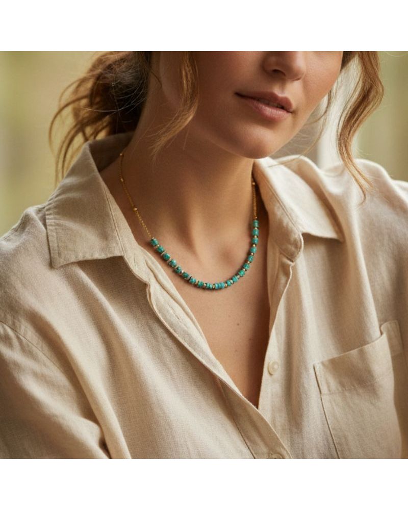 collier en plaqué or 18 carats pour femme avec pierres jaspe bleu