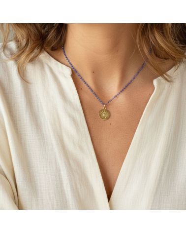 collier perles émail et plaqué or pendentif soleil