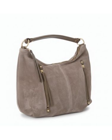 sac en daim forme hobo porté épaule couleur taupe clair