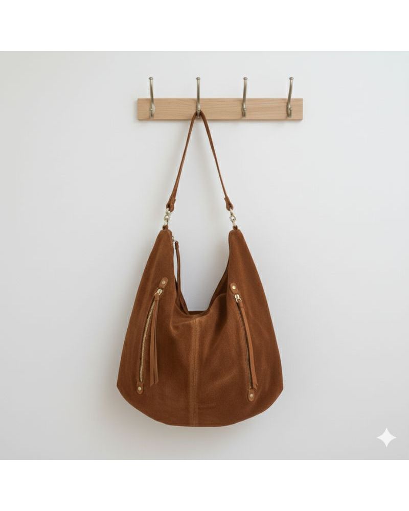 sac forme hobo en daim couleur camel fabrication italienne haute qualité