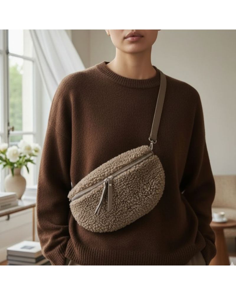 sac banane matière teddy sherpa couleur taupe petit prix