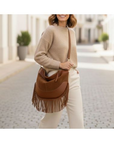 Sac cognac bi matière en cuir et daim avec franges fabrication italienne