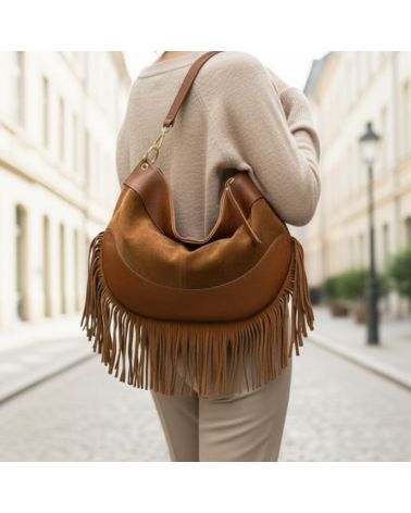 Sac cognac bi matière en cuir et daim avec franges fabrication italienne