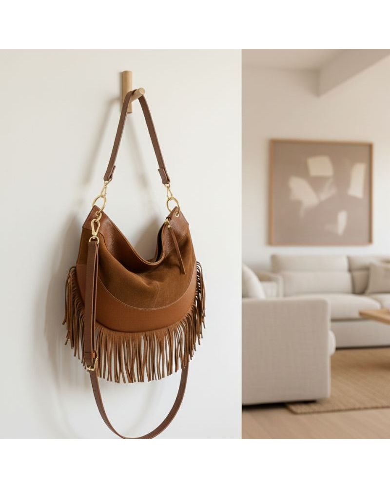 Sac cognac bi matière en cuir et daim avec franges fabrication italienne