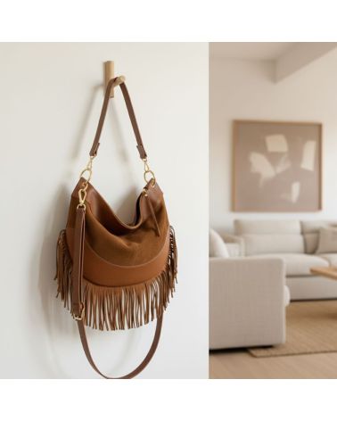 Sac cognac bi matière en cuir et daim avec franges fabrication italienne