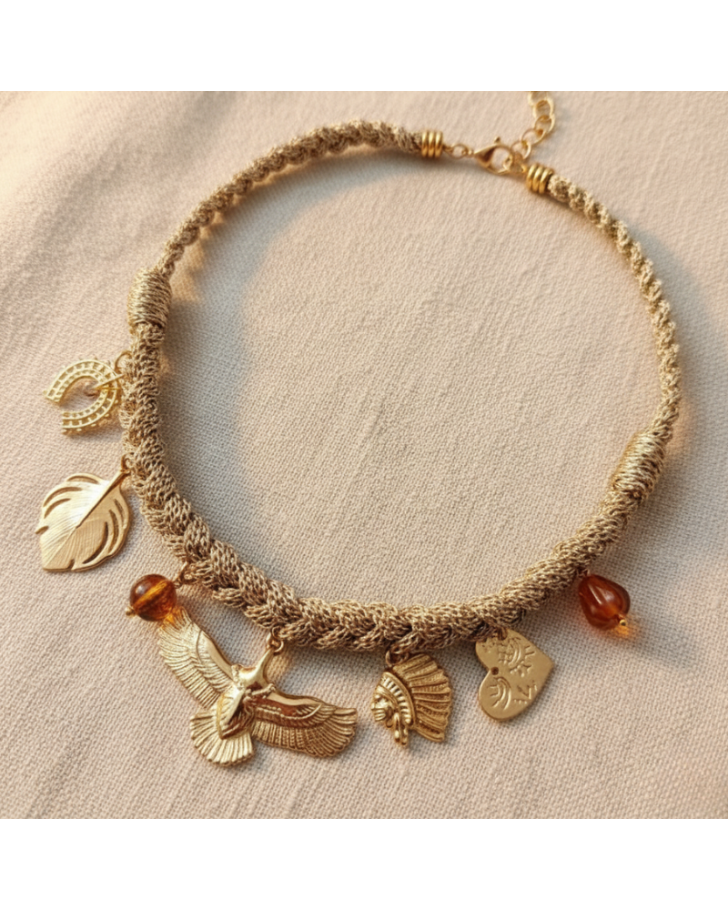 collier lien tressé style cow girl western chic avec breloque aigle ,feuille, et tête d'indien bijou mile mila acier doré