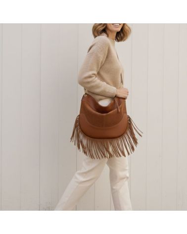 Sac cognac bi matière en cuir et daim avec franges fabrication italienne