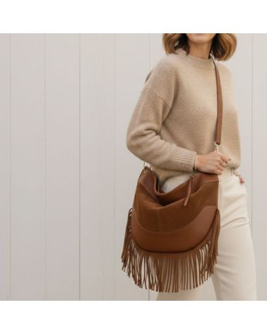Sac cognac bi matière en cuir et daim avec franges fabrication italienne