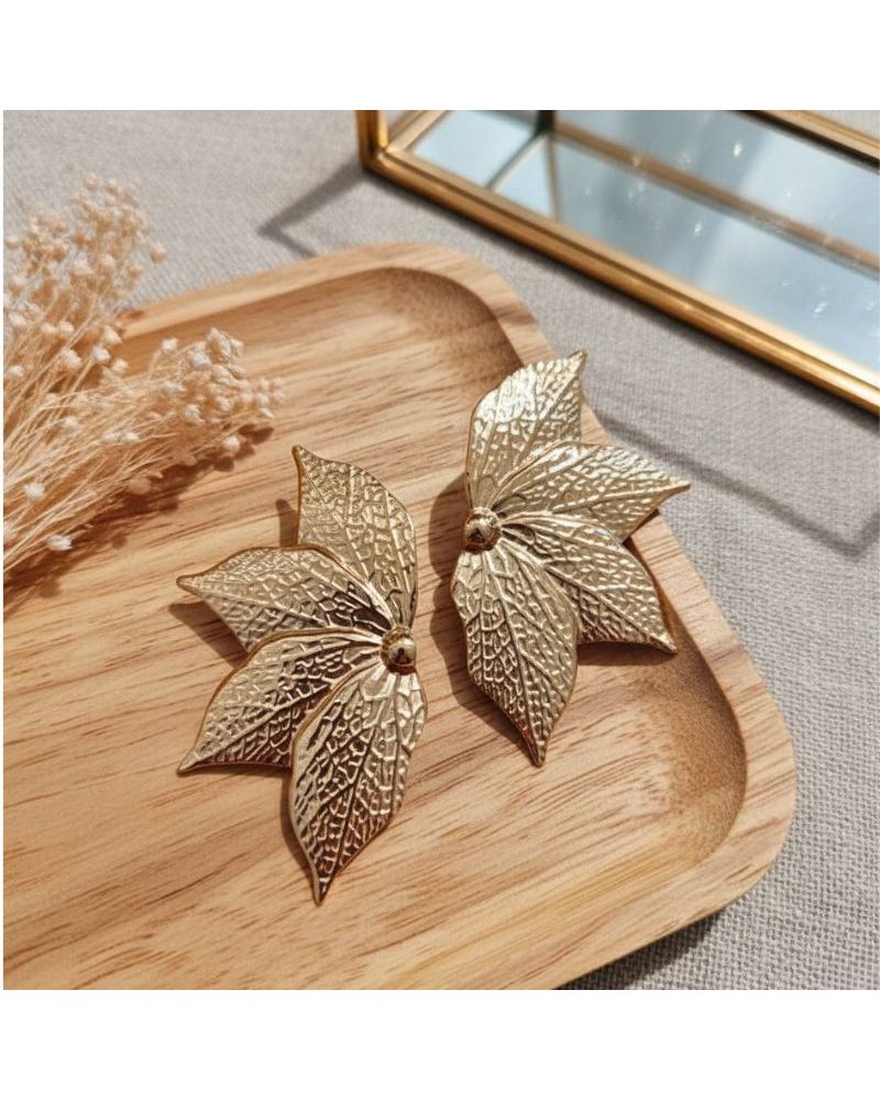boucles d'oreilles acier doré motif feuilles création mile mila paris